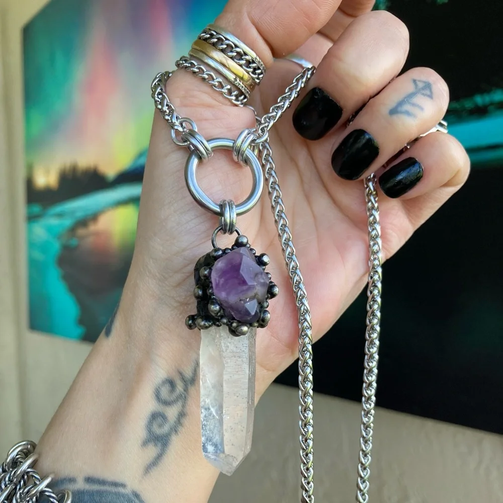 Natural raw purple amethyst &  crystal quartz gemstone boho charm necklace - Picture 14 of 16